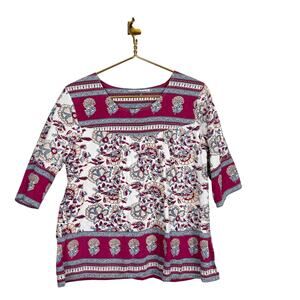 Vermont Country Store Floral Indian Cotton Top Tunic White Maroon Sz M